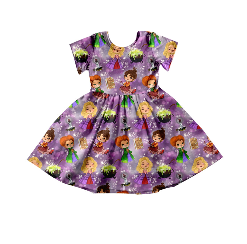 5.2custom each style moq 5eta 4-5week Sibling Sister cartoon character prints purple girls jumpsuits and dress and baby romper match family design