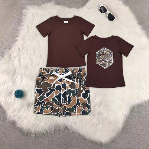 RTS NO MOQ Baby Boys Brown Camouflage Ducks Top with Short Sleeves And Pockets Matching Western Style Shorts Outfit Set