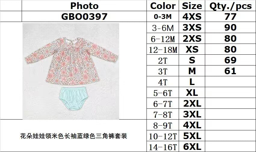 RTS no moq GBO0397 Flower baby collar beige long-sleeved blue and green briefs set