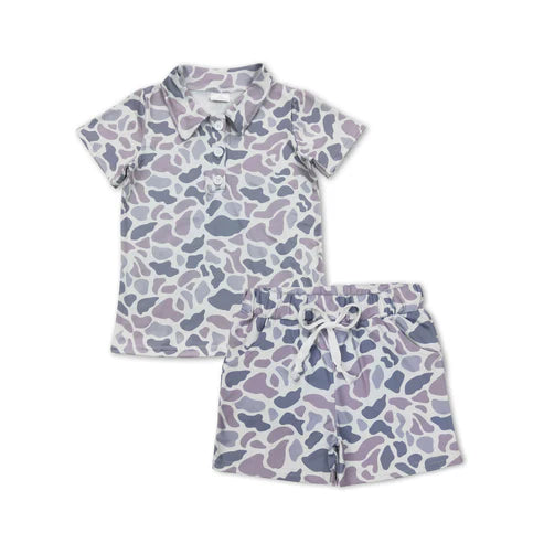 RTS NO MOQ Baby Boys Western Gray Camo Short Sleeves Button Pullover Top with Pockets Shorts Set