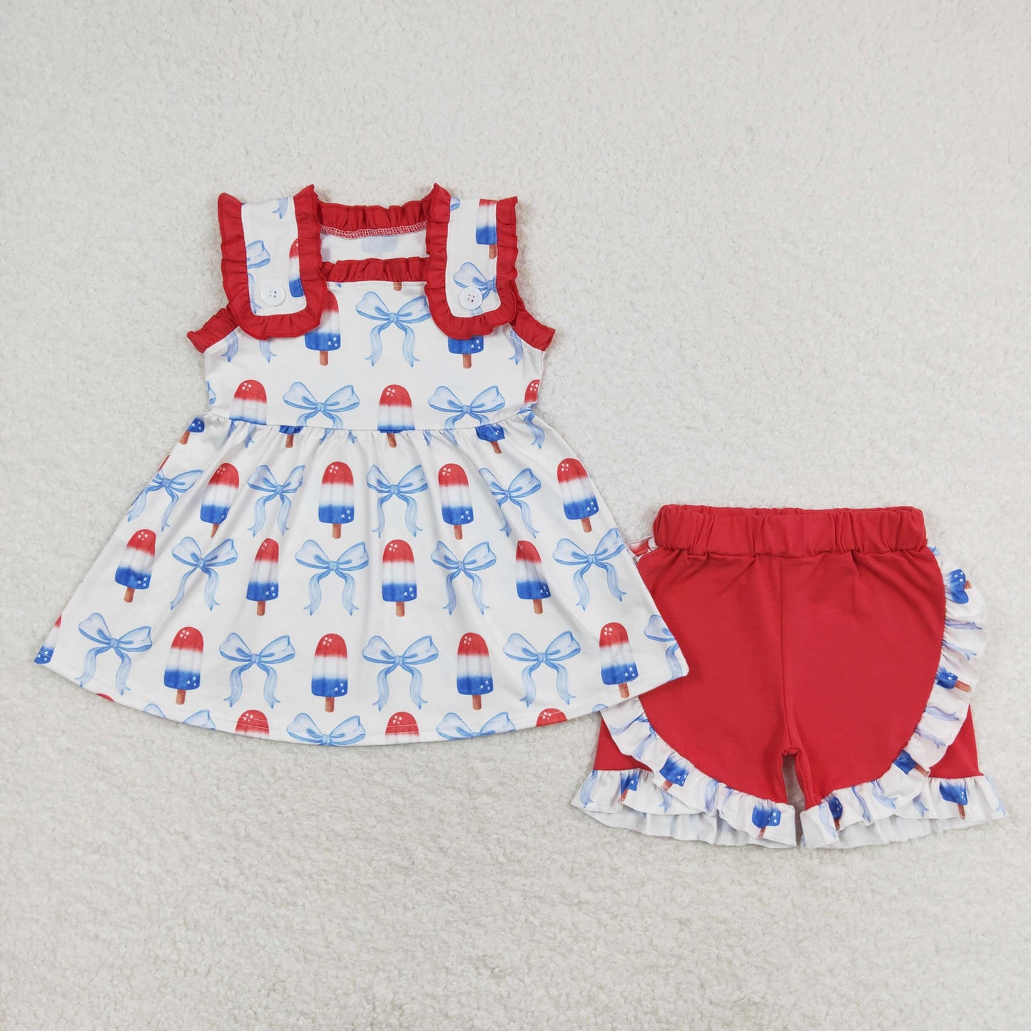 rts no moq GSSO1152 Bow-knot ice cream red lace sleeveless shorts set