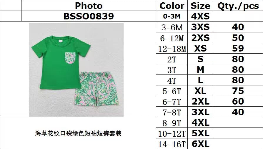 BSSO0839 Seaweed Pattern Pocket Green Short Sleeve Shorts Set