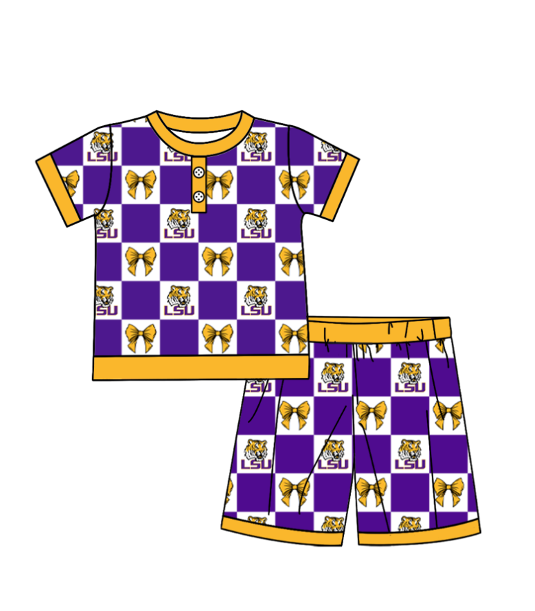 Custom moq 5 mix size milk silk summer teams baby boys clothes bow purple short sleeve shorts sets