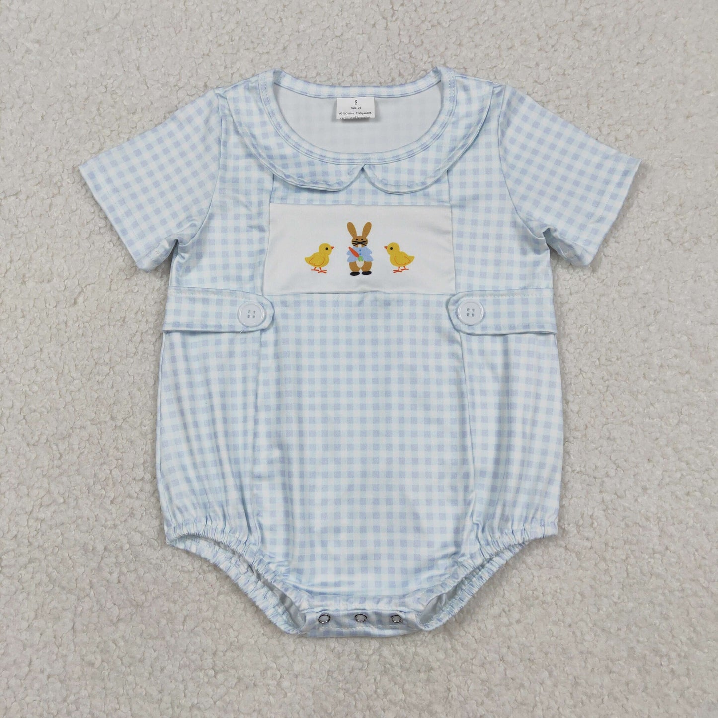 RTS NO MOQ（In Stock ) Easter Chicken Bunny Blue Plaid Peter Pan Collar Short-Sleeve Jumpsuit