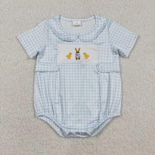 RTS NO MOQ（In Stock ) Easter Chicken Bunny Blue Plaid Peter Pan Collar Short-Sleeve Jumpsuit