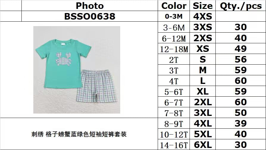 BSSO0638 Embroidered plaid crab teal short-sleeved shorts suit