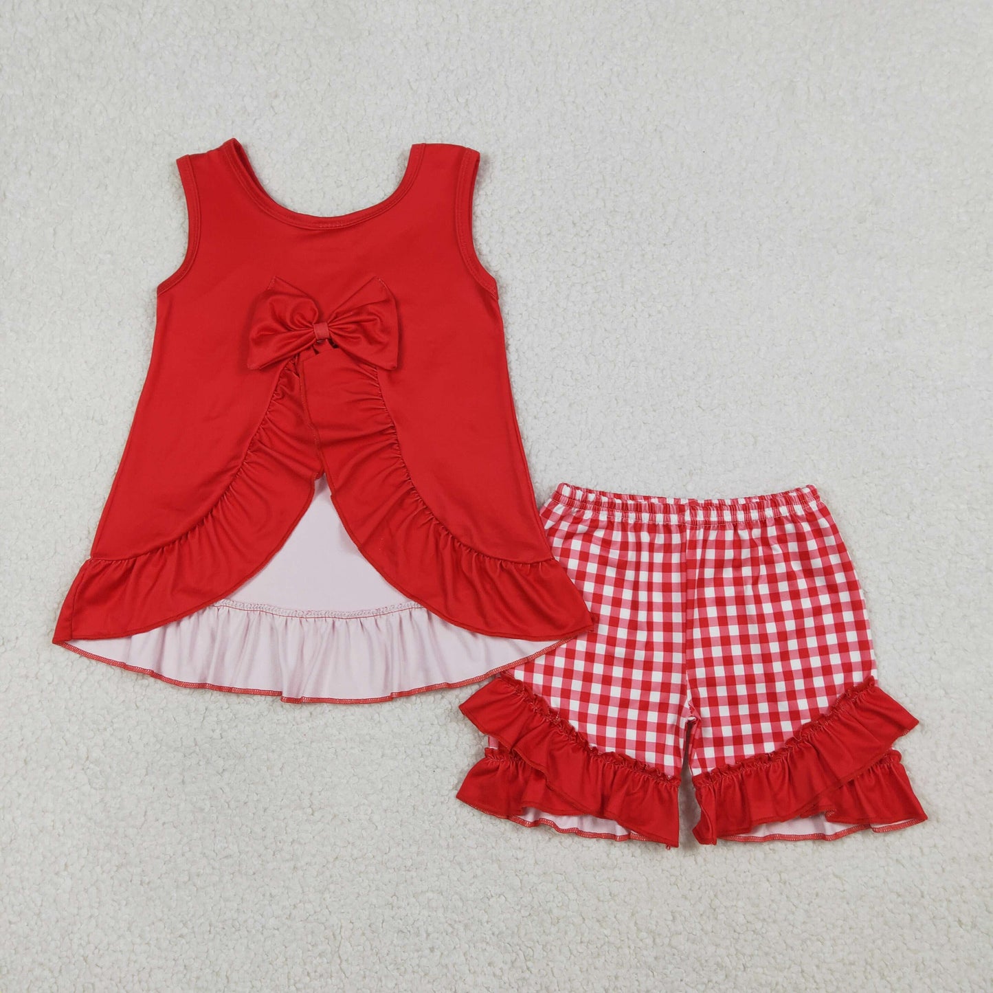 RTS NO MOQ（In Stock) GSSO3009 Chicken Fried Chicken Snack Red Sleeveless Plaid Shorts Set