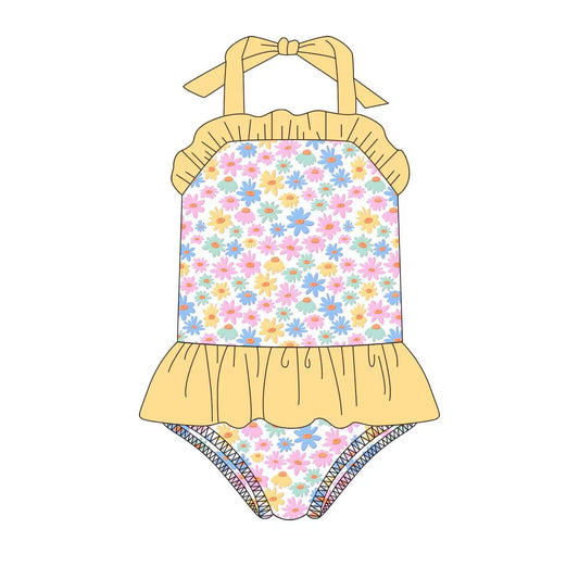 custom moq 5 eta 4-6 weeks girls floral  Summer Yellow Jumpsuit Swimsuit One-piece Girl