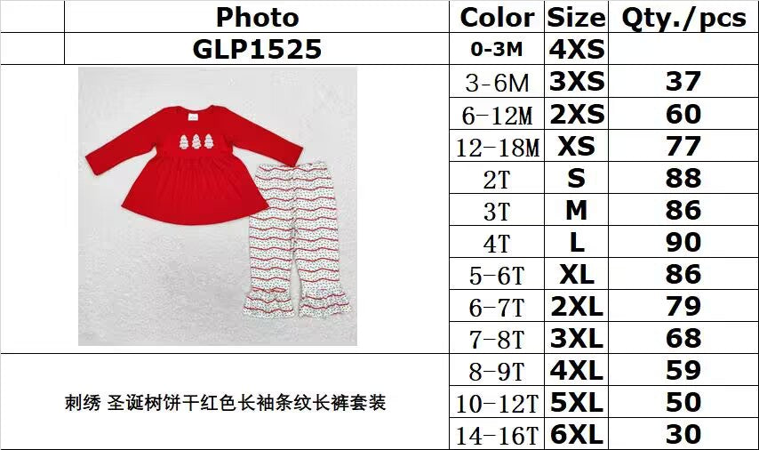 rts no moq GLP1525 Embroidered Christmas tree cookie red long sleeve striped trousers set