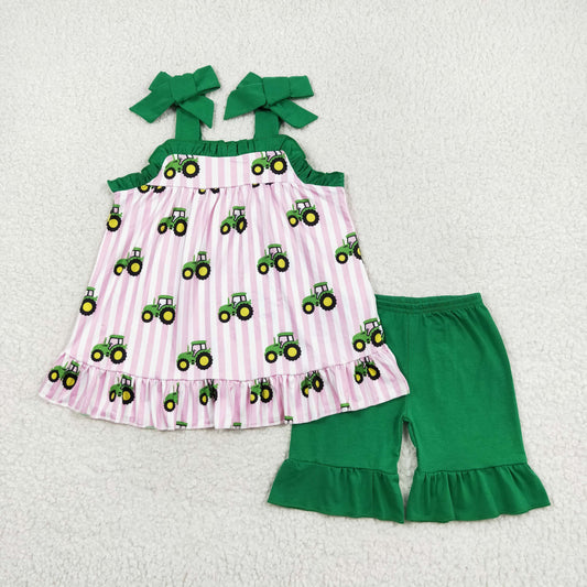 RTS no moq GSSO1222 Farm tractor pink stripe green lace suspender shorts set