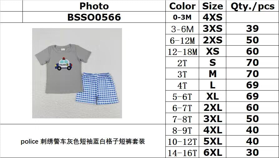 BSSO0566 police embroidered police car gray short-sleeved blue and white plaid shorts suit