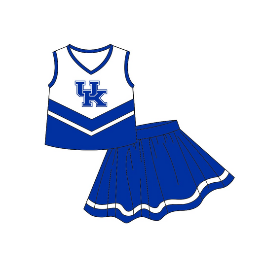 Deadline October 7 custom no moq eta 6-8weeks Cheerleading Blue Lettering "UK" Sleeveless Top & Pleated Skirt Set