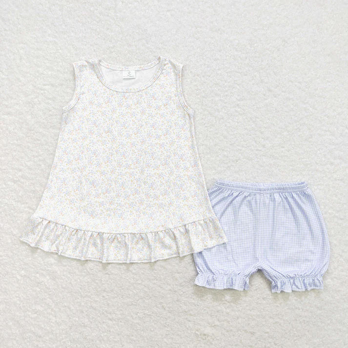 RTS Baby Girls Blue Small Flowers Sibling Sister Clothes Sets Dresses