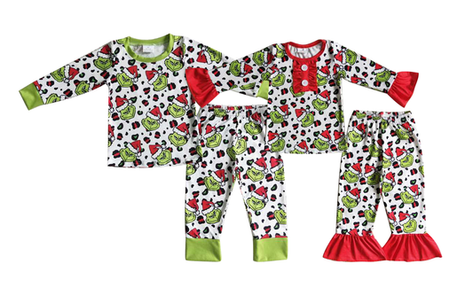 Baby Girls boys Christmas style cartoon avatar print green red Family siblings set