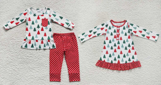 Baby Girls Pine tree print red and white polka dots family brother and sister set