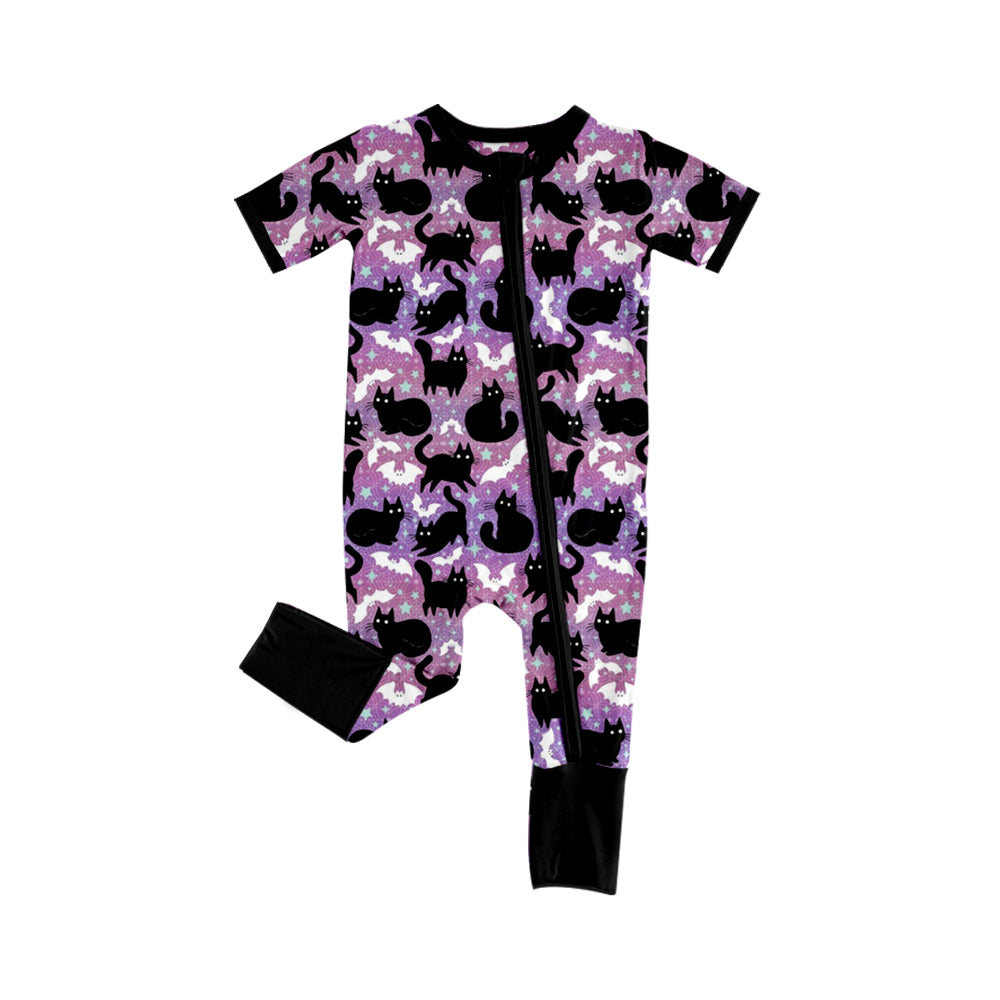 5.2custom each style moq 5eta 4-5week Sibling Sister black cat prints purple girls jumpsuits and dress and baby romper match family design