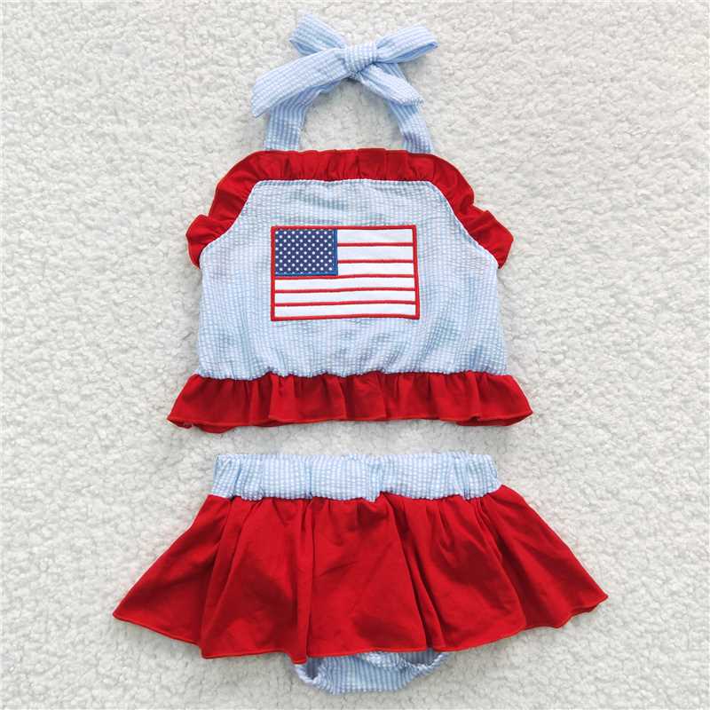 Baby Girls boys small flag print red and blue boys and girls swimsuit set Family siblings set