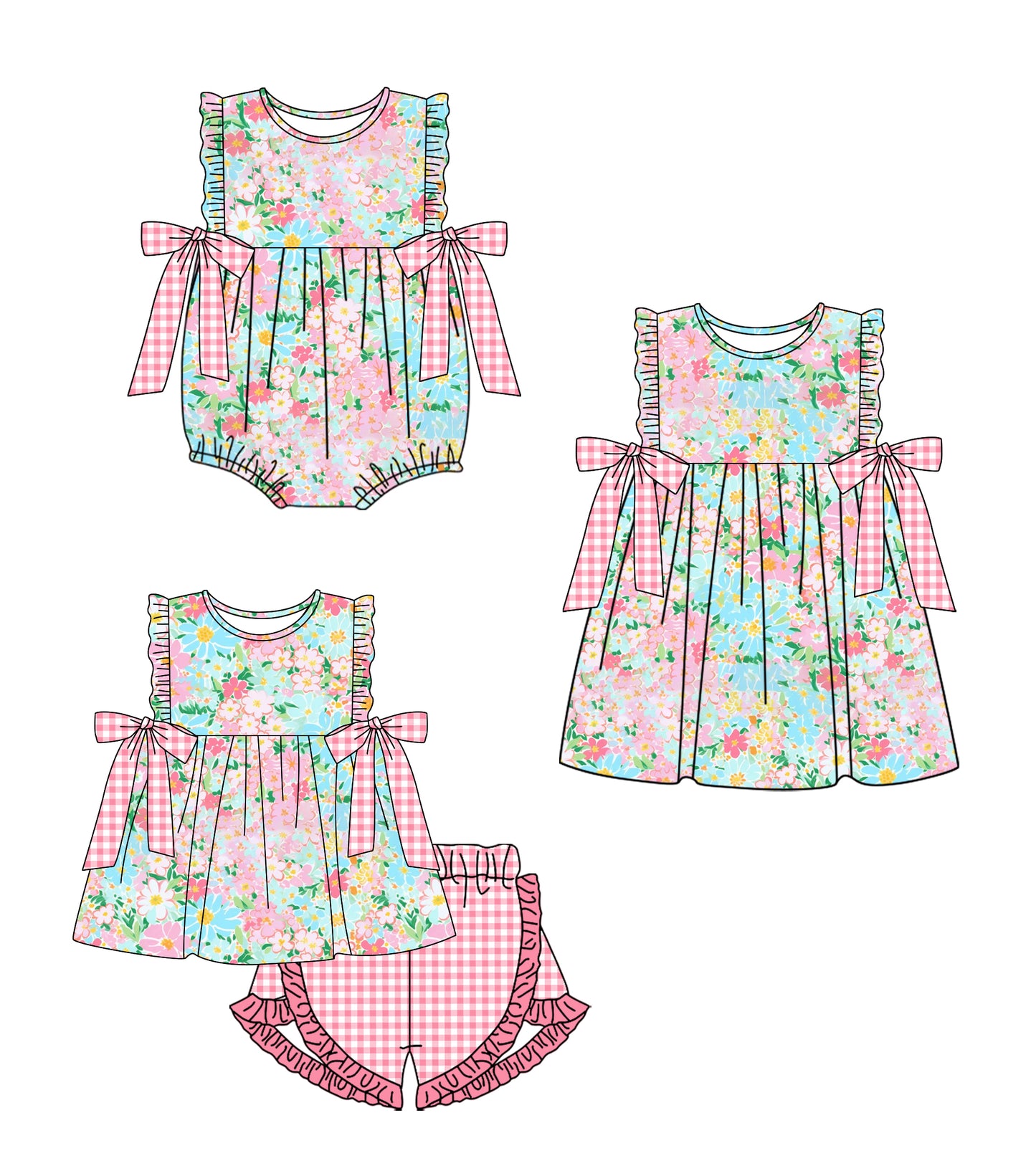 1.23 custom each style moq 5eta 4-6week Sibling Sisters floral baby girl short sleeve shorts sets and dress and rompers match family design