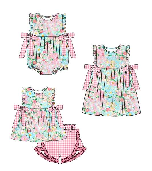 1.23 custom each style moq 5eta 4-6week Sibling Sisters floral baby girl short sleeve shorts sets and dress and rompers match family design