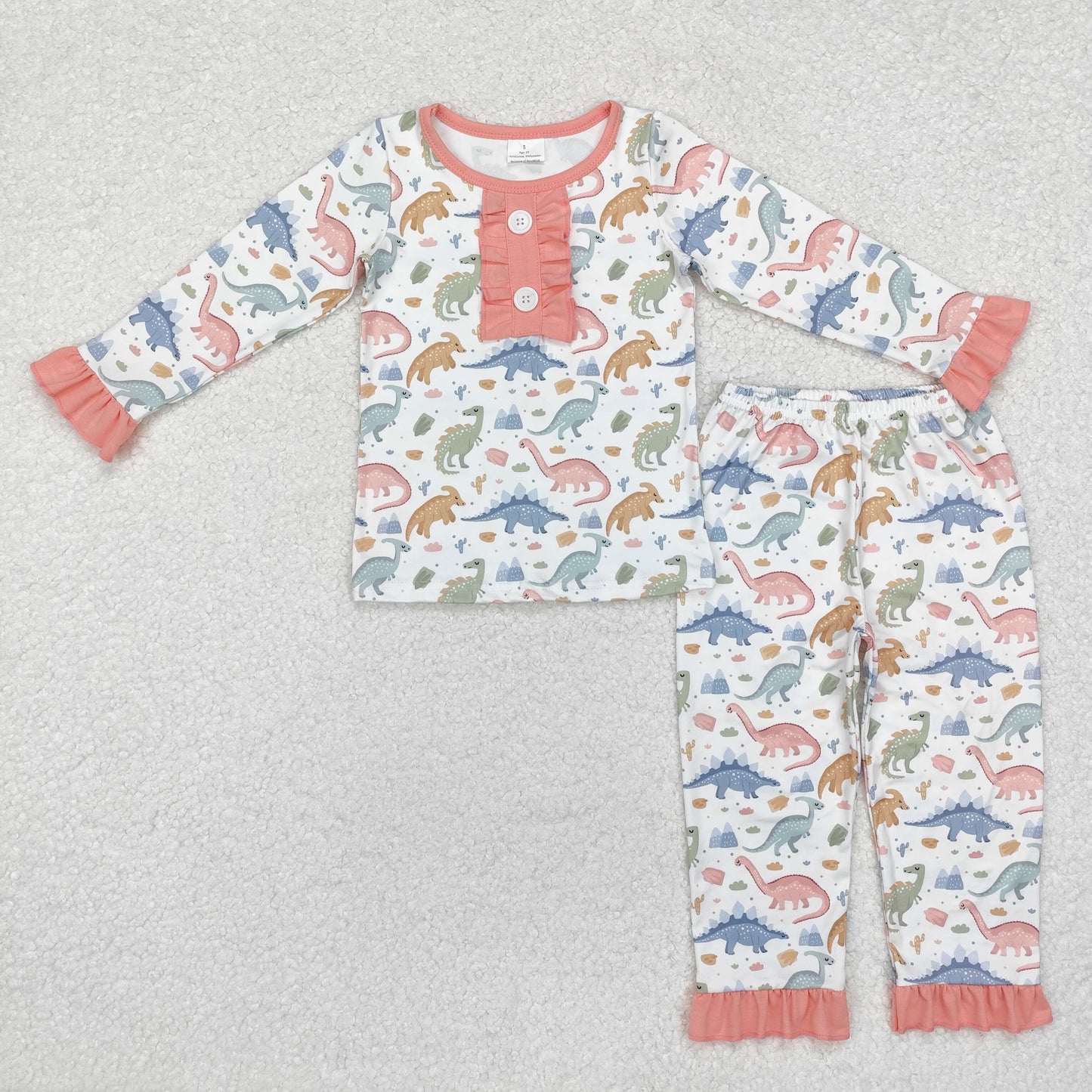 RTS NO MOQ ETA 5/7days Arrived GLP1969 Dinosaur lace pink and white long-sleeved pants pajama set