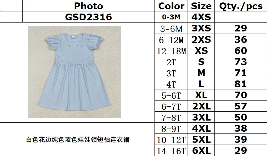 RTS NO MOQ（In Stock) GSD2316 White lace solid blue short-sleeved dress with doll collar