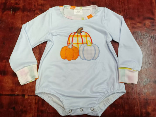 Custom moq 3 eta 6-7weeks  Light blue long-sleeved shorts jumpsuit with pumpkin embroidery