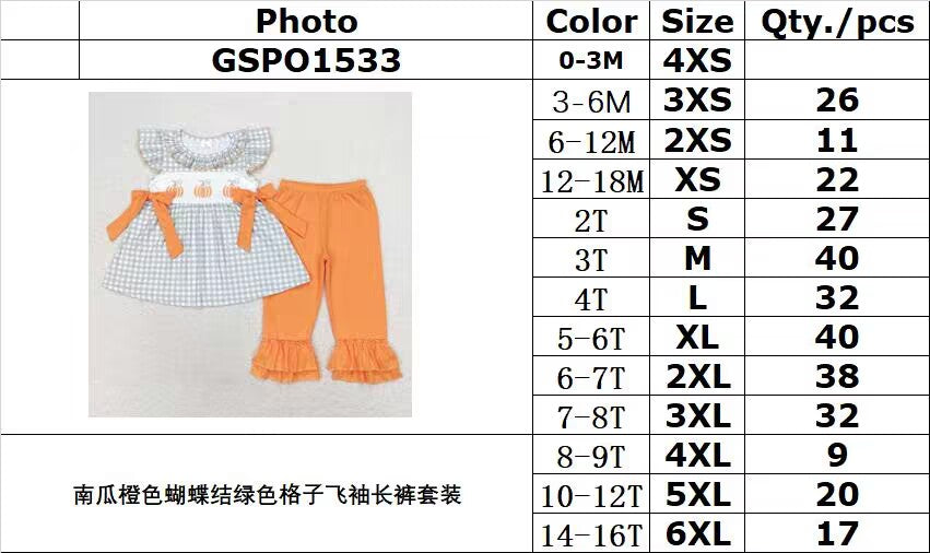 RTS NO MOQ GSPO1533 pumpkin orange bow green plaid flying sleeve trousers set