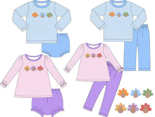 5.15custom each style moq 5eta 4-5week Sibling Sister Color turkey print pink and blue girls and boys outfit and briefs set match family design