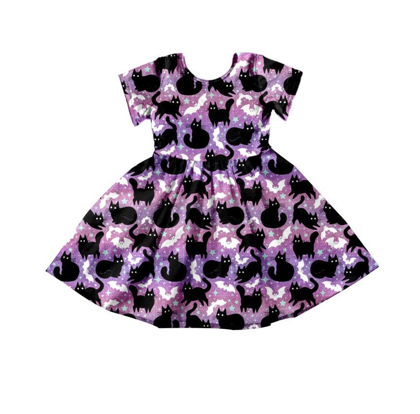 5.2custom each style moq 5eta 4-5week Sibling Sister black cat prints purple girls jumpsuits and dress and baby romper match family design