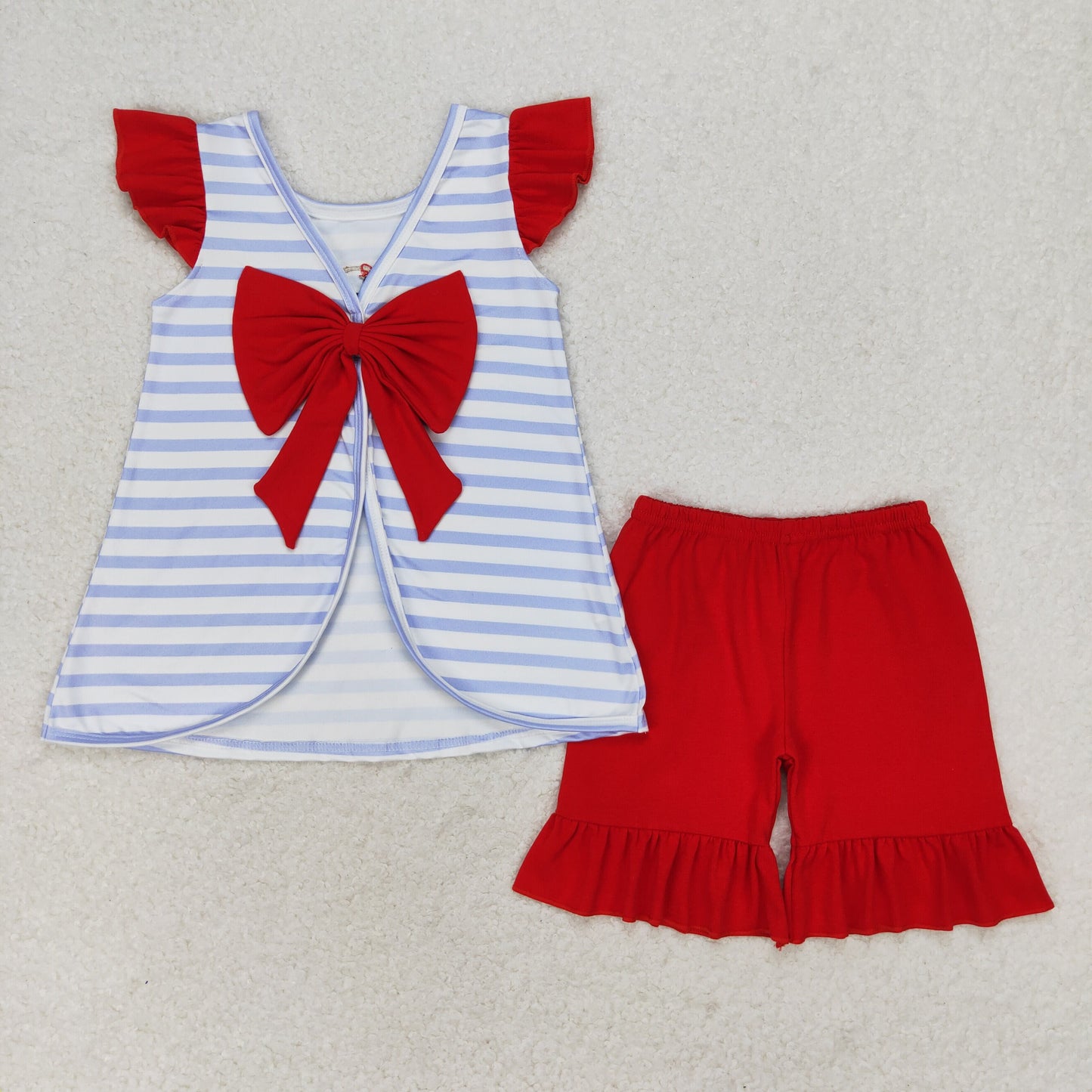 rts no moq GSSO0663 Embroidered puppy flag striped red bow flying sleeve shorts suit