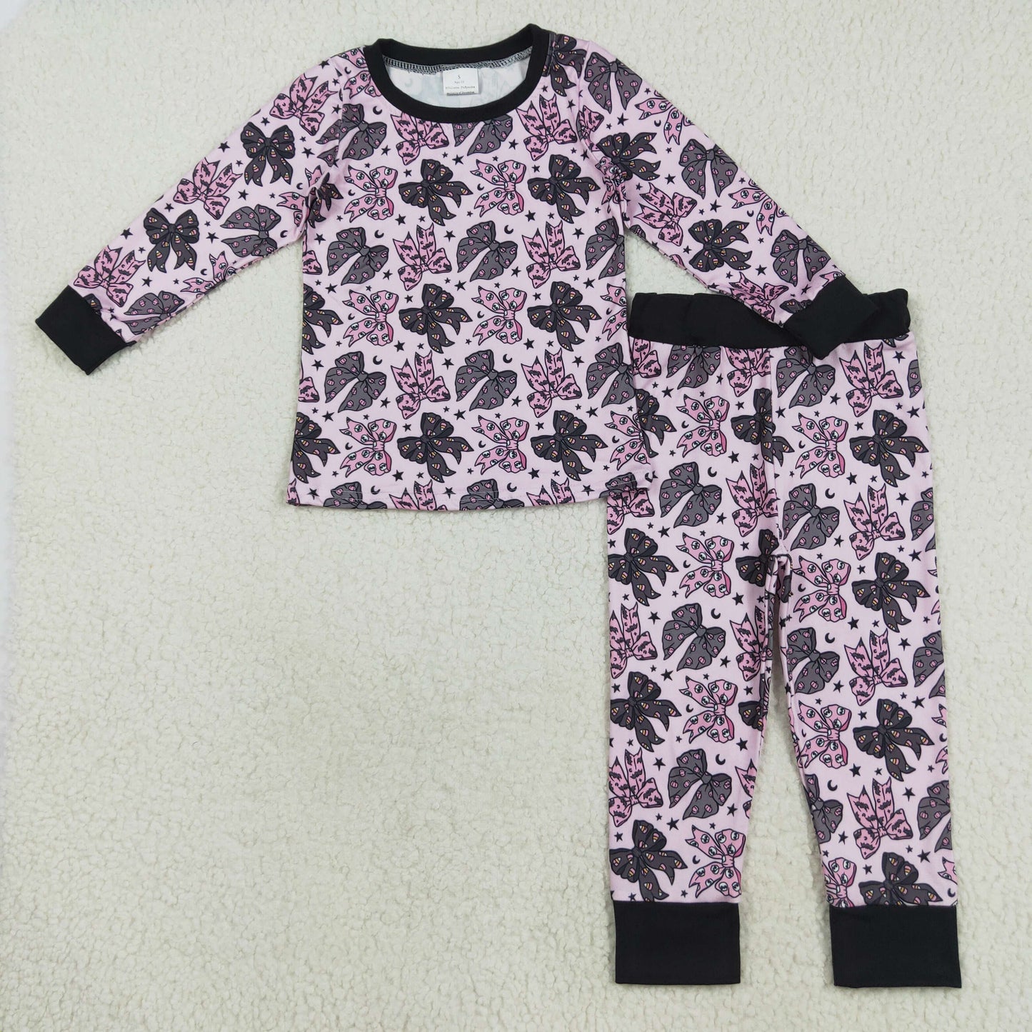 RTS NO MOQ（In Stock) GLP2516 Pink and black long-sleeved Halloween pajama set with bow pattern