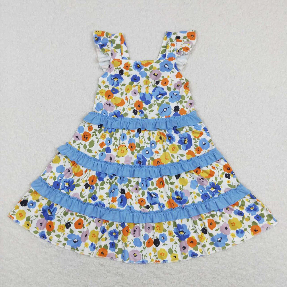 Baby Girls Blue Flowers Tunic Ruffle Sibling Sister Rompers Dresses Clothes Sets