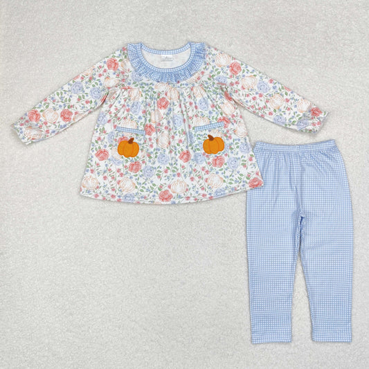 rts no moq GLP1767 flower pumpkin pocket blue plaid lace long-sleeved trousers set