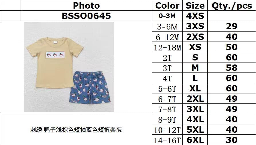 BSSO0645 Embroidered duck light brown short sleeve blue shorts suit