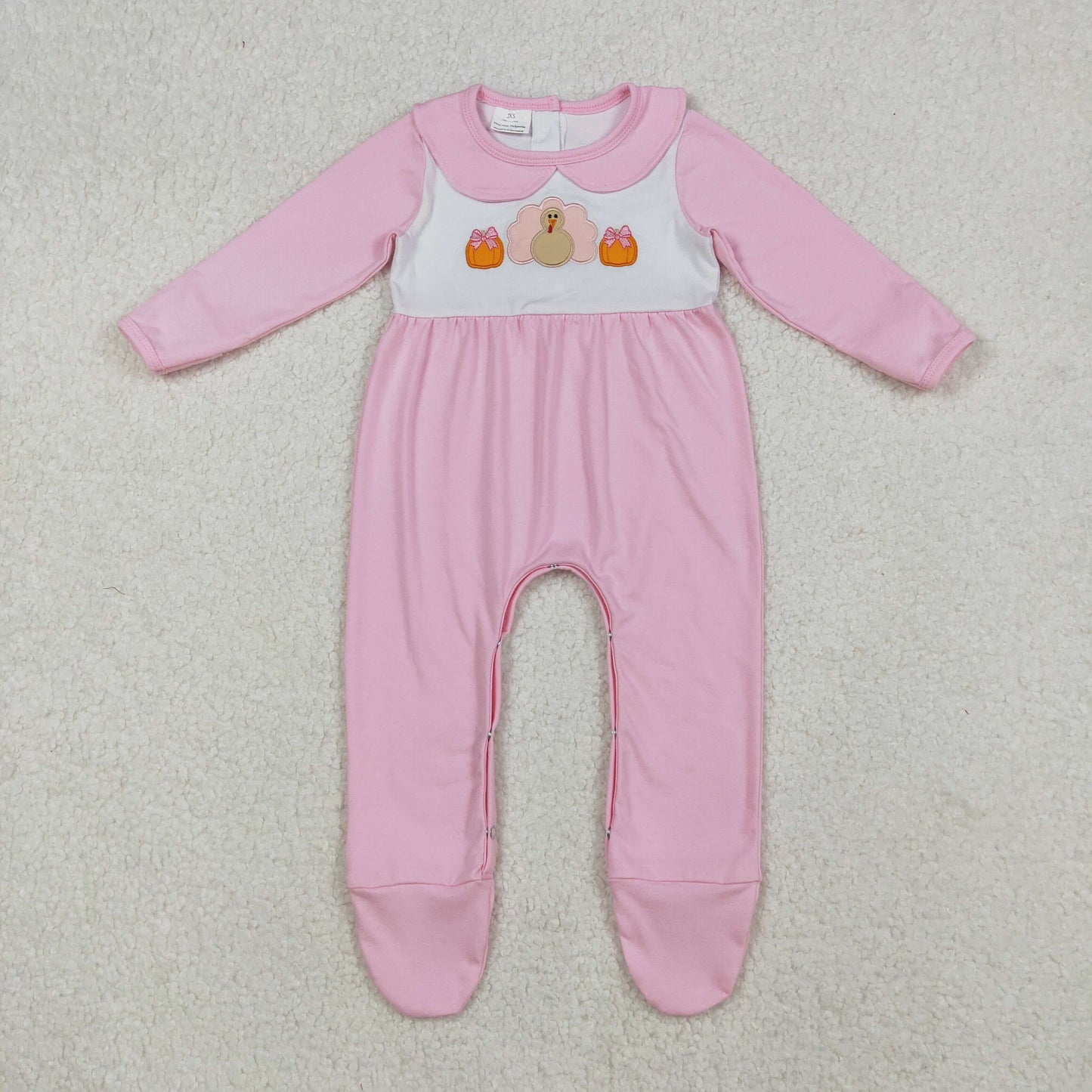 RTS NO MOQ（In Stock) LR2563 Embroidered Pumpkin Turkey Pink Long-Sleeved Bodysuit with Foots