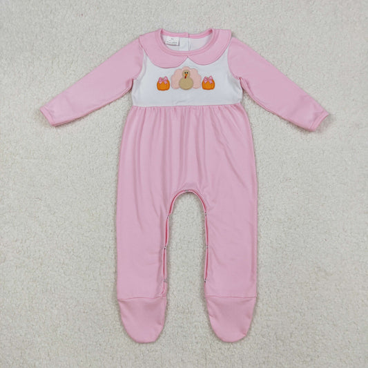 RTS NO MOQ（In Stock) LR2563 Embroidered Pumpkin Turkey Pink Long-Sleeved Bodysuit with Foots
