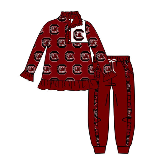 Custom moq 3 eat about 6-8 weeks team baby girls clothes brick red Long Sleeve pants Suit