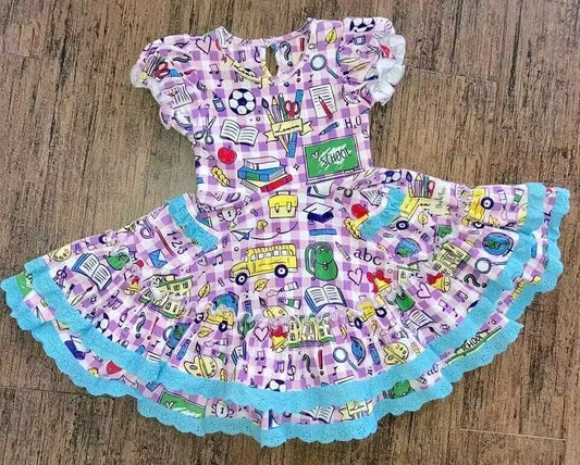 custom moq 5 eta 5-6weeks back to school baby girl clothes purple short sleeve summer dresses