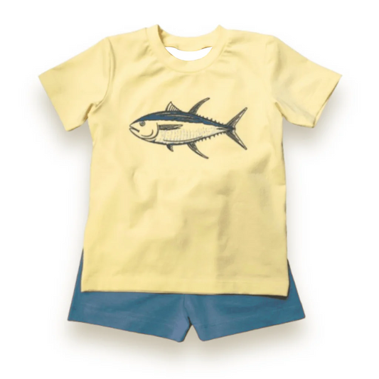 PRE ORDER Deadline August 28close custom no moq baby kids shorts sleeve Yellow fish short-sleeved shorts suit