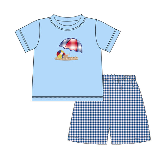 custom moq 5 eta 5-6 weeks baby boys clothes beach blue short sleeve grid shorts summer outfit