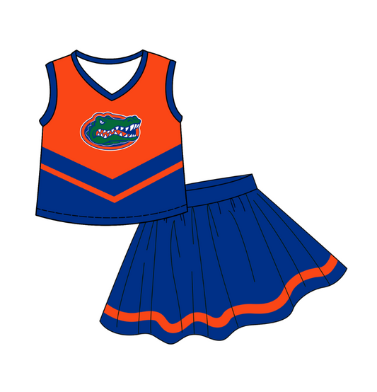 custom moq 3 eta 6-7weeks team summer baby girls clothes orange and blue short sleeve skirts sets