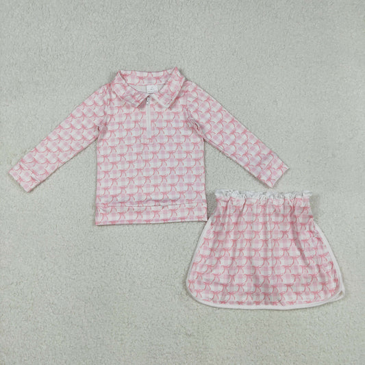 RTS NO MOQ（In Stock ) Pink plaid long-sleeved lace-trimmed culottes set with bow pattern and white zipper.