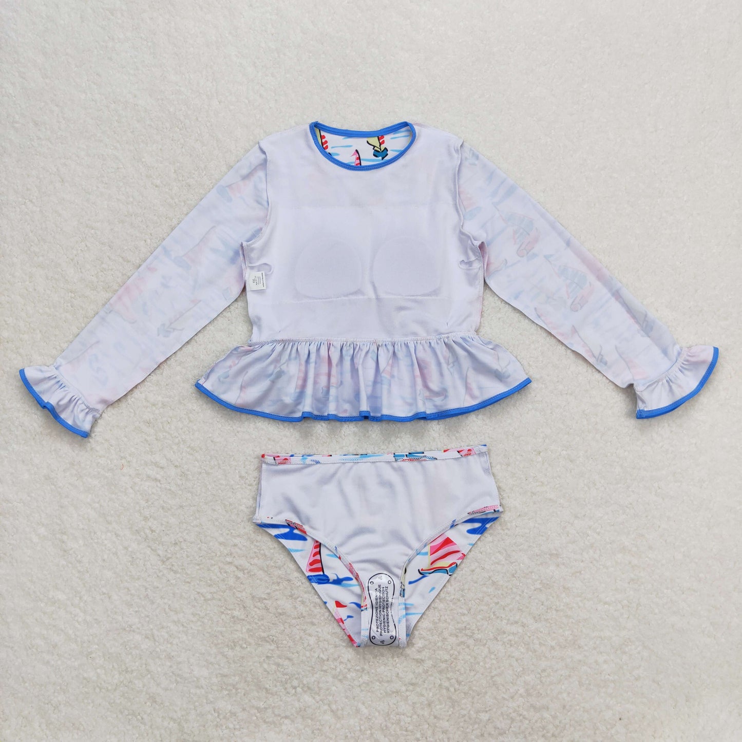 S0276 Sailing Blue Bow White Long Sleeve Swimsuit Suit