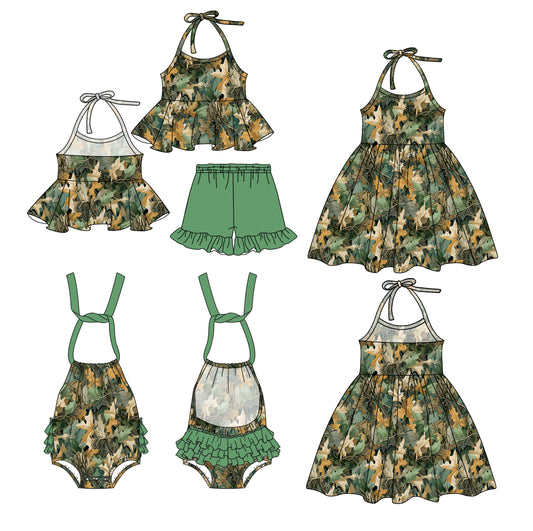 1.4 custom each style moq 5eta 4-6week Sibling Sistes camouflage baby girl short sleeve shorts sets and dress and rompers match family design