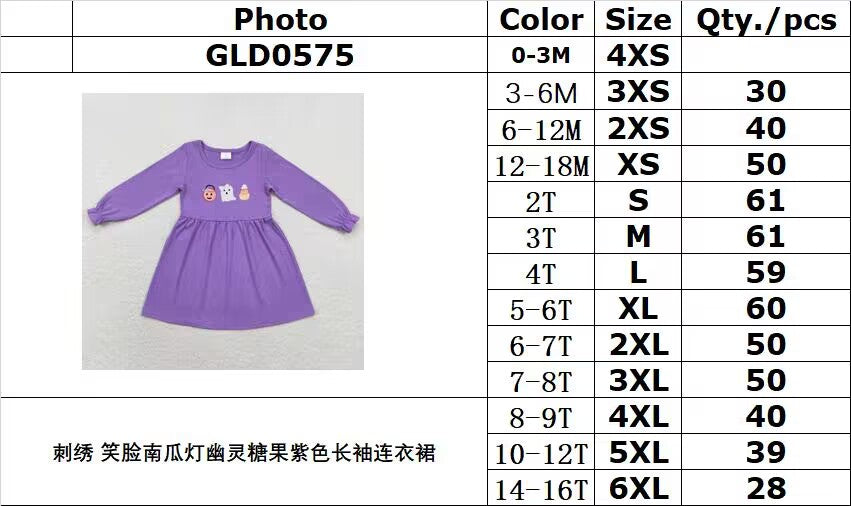 rts no moq GLD0575 Embroidered Smiley Jack-O'-Lantern Ghost Candy Purple Long Sleeve Dress