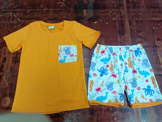 Custom moq 3 eta 6-7weeks baby boys clothes orange Short Sleeve shorts sets