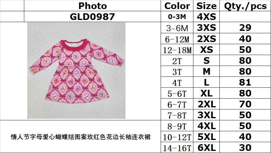 RTS NO MOQ ETA 5/7days arrived GLD0987 Valentine's Day Letter Heart Bow Pattern Rose Red Lace Long Sleeve Dress