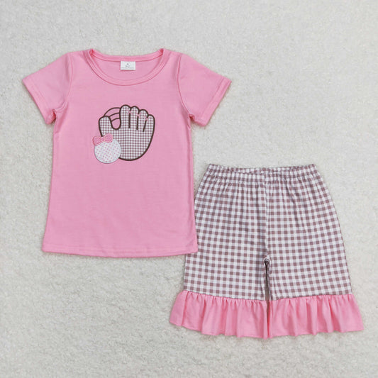 GSSO0828 Embroidered Baseball Glove Pink Short Sleeve Plaid Shorts Set