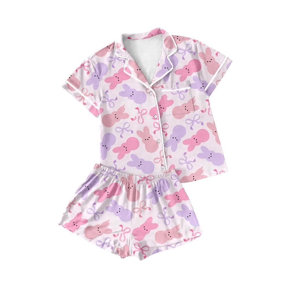 Easter Pajamas Short Sleeve Shorts Bow Bunny Headband Girls Pajama Set