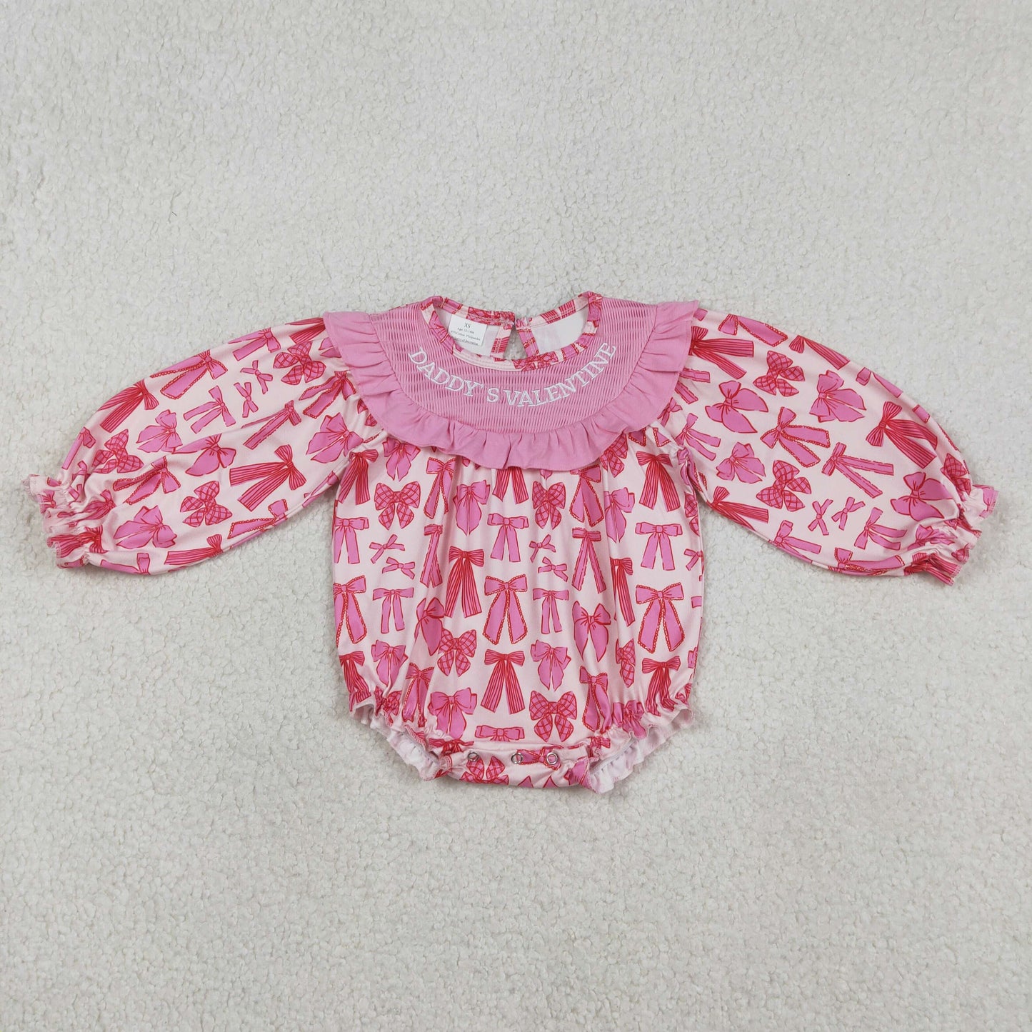 RTS NO MOQ（In Stock) Embroidered Daddy's Valentine's pink long-sleeved jumpsuit with bow pattern and lace trim